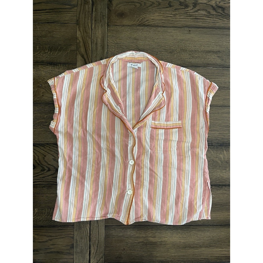 Madewell Striped Pajama Shirt Top Women's Size M Short Sleeve Button Up
